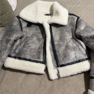 Faux Shearling Aviator Jacket - White & Gray